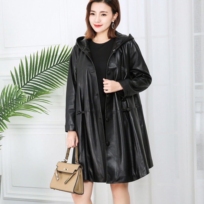 AYUNSUE – veste à capuche en cuir véritable de mouton pour femme, coupe-vent, manteau surdimensionné, collection printemps-automne 2022