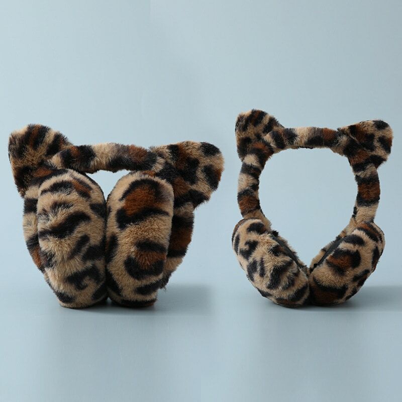 여성용 부드러운 봉제 레오파드 무늬 고양이 귀 귀마개, 두꺼운 따뜻한 귀 보호, 방풍 머리띠, 귀여운 접이식 귀 커버, 겨울