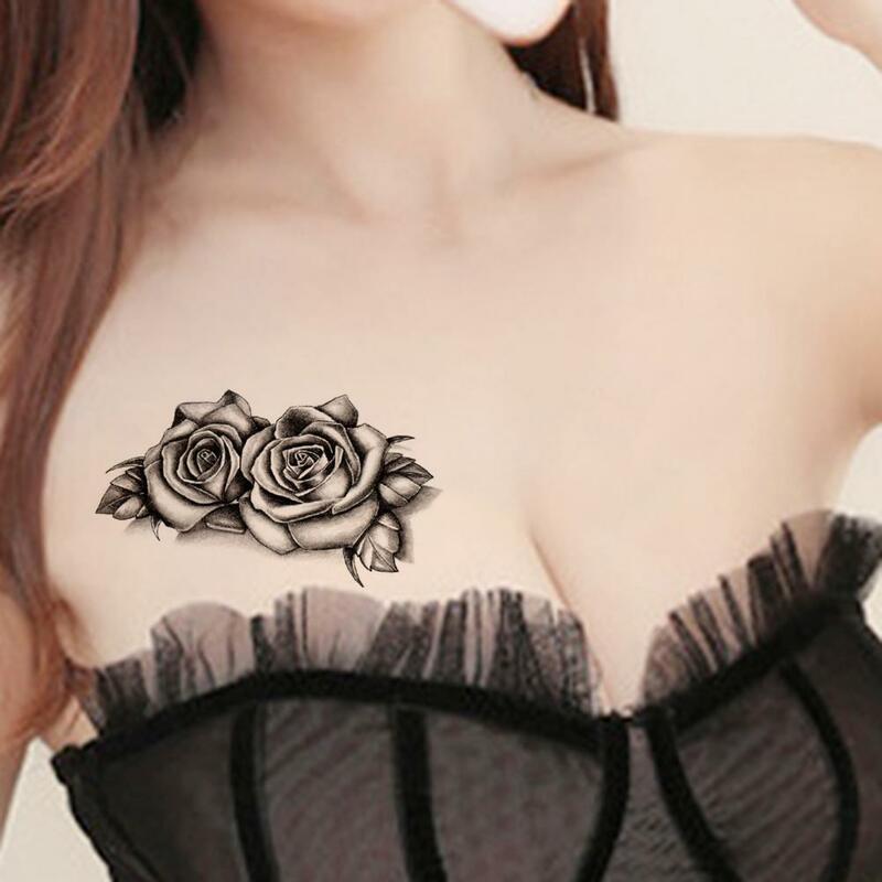 블랙 로즈 바디 문신 여성 방수 꽃 스티커, 가짜 임시 문신 스티커 다리 팔 가슴 등 데칼