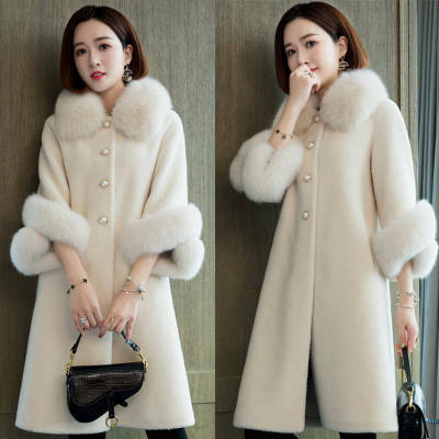 Falso casaco de pele de raposa para mulheres Casacos de lã real Casaco de inverno longo e quente ovelha shearling outono, luxo