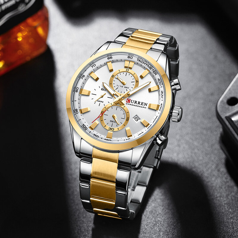 Mode Quartz Chronograaf Curren Business Multifunctionele Wijzerplaat Date Man Horloge Sport Waterdicht Roestvrij Staal Armband Horloge Heren