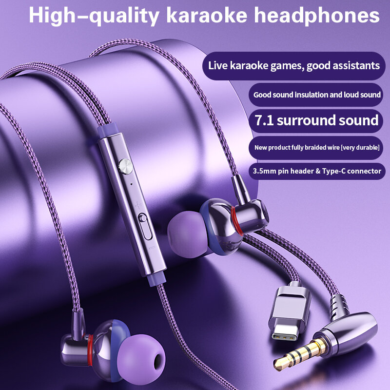 Metal Wired Mobile Headset With Microphone Headset Bass Phone Game Earbuds Stereo Braided Wire Headset Noise Reduction