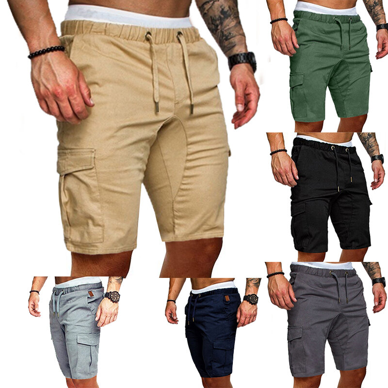 กางเกงคาร์โก้ขาสั้นผู้ชายสีทึบมีหลายกระเป๋าสำหรับเดินป่ากลางแจ้งใหม่ฤดูร้อน