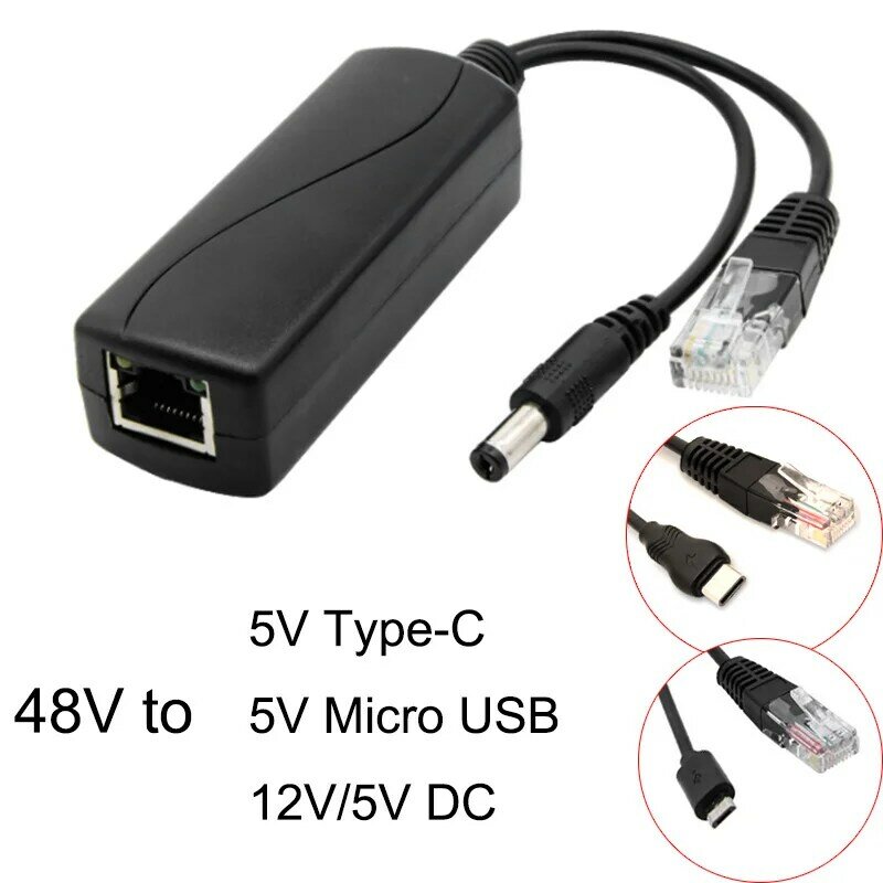 48V untuk 5V/12V PoE Splitter 5v POE Micro USB tpye-c DC Power Supply melalui Ethernet aktif POE Splitter tpye-c untuk Raspberry Pi