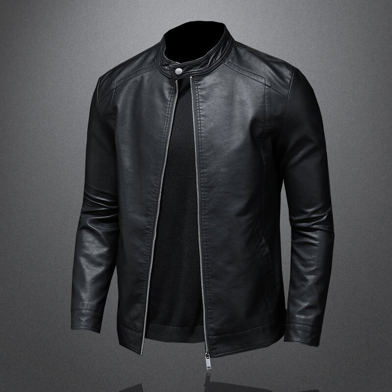 Jaqueta masculina com gola de couro PU, casaco justo para motocicletas, moda casual, motoqueiro, primavera, outono