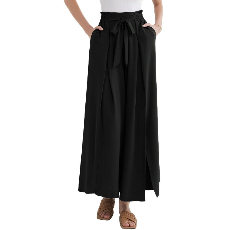 Calça feminina cintura alta e larga com bolsos, monocromática, solta, casual, fenda alta, diário, casa, verão