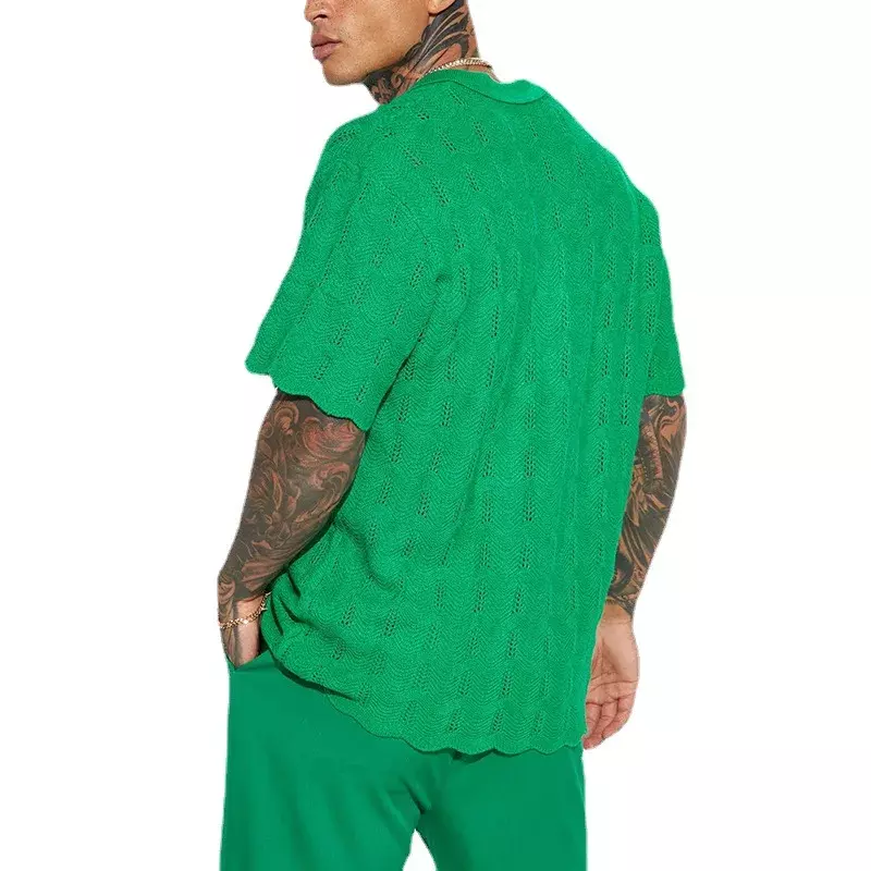 Camisas masculinas de malha de botões curtos, cor sólida casual, tops bordados, roupas soltas de lazer, moda, verão, 2023