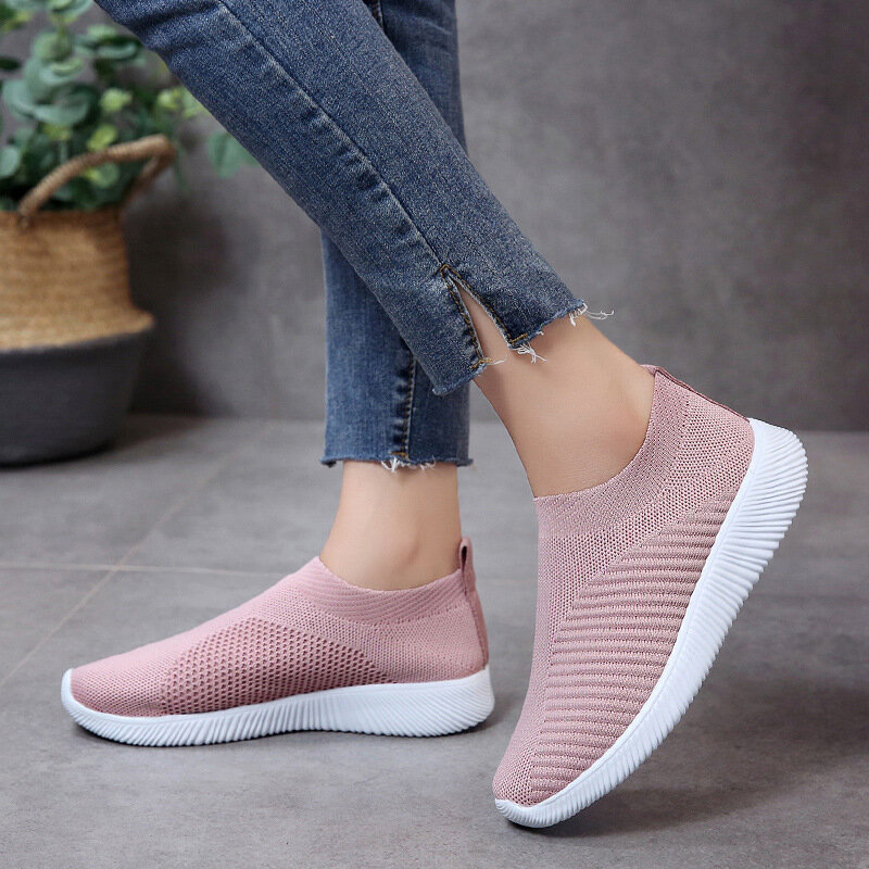Comemore Female Knitted Vulcanized Shoes Casual Slip on Ladies Flat 2023 Walking Footwear White Loafers Women Sneakers Mesh Soft