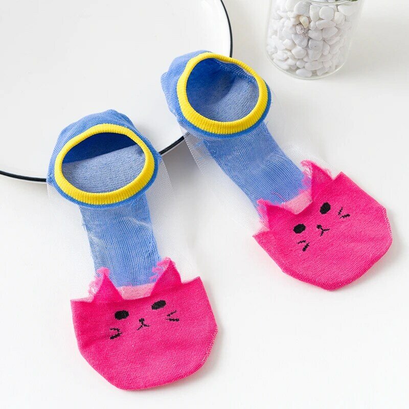 5 Pairs Women Summer Short Socks Cute Cartoon Cat Animal Funny Transparent Crystal Silk Invisible Boat Socks Kawaii Female Sox