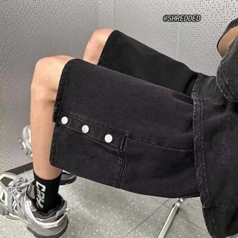 Pantalones vaqueros cortos con botones laterales para hombre, ropa de calle informal de Hip Hop, Pantalones vaqueros de pierna recta para hombre, nueva moda de verano coreana, y2k, 2024