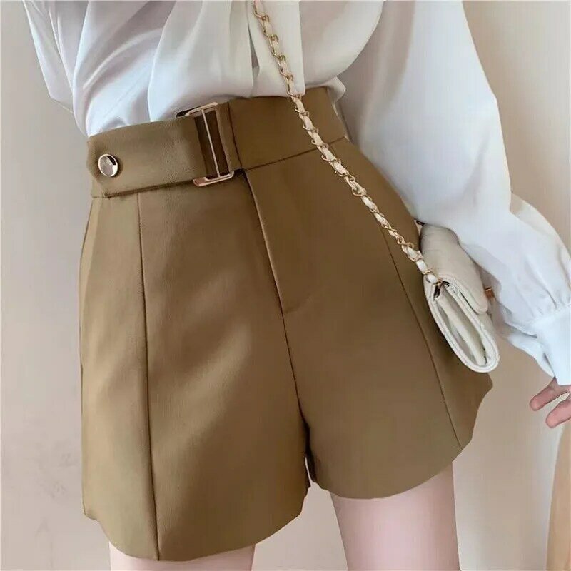 Shorts Women High Waist Wide Leg A-line Solid Loose Belt Design Spring Korean Fashion Elegant All-match Office Ladies Stylish