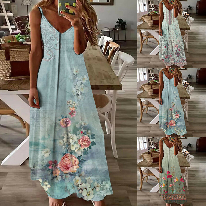 Женское длинное платье с цветочным принтом, повседневное пляжное платье без рукавов, с V-образным вырезом, верхняя одежда, лето 2024