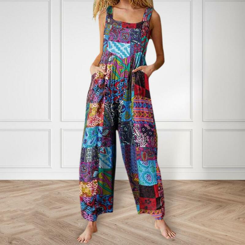 Women Ethnic Style Jumpsuits Summer Overalls Multicolor Square Neck Sleeveless Casual Rompers with Pockets for Girls Playsuit