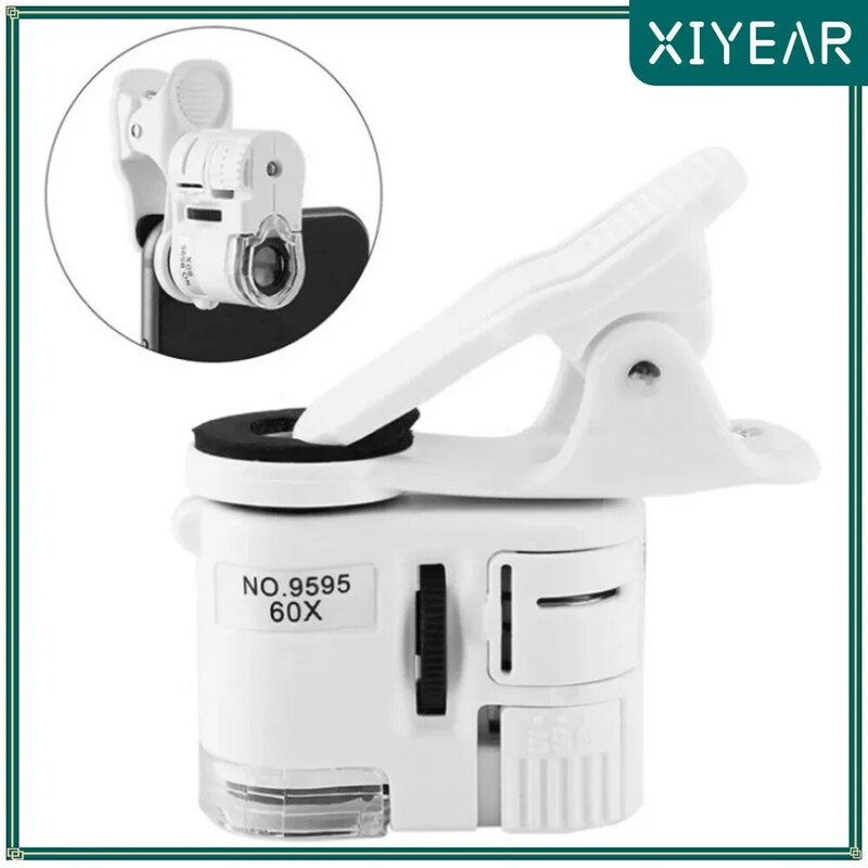 60X biżuteria LED szkło powiększające, skupiające się kieszonkowy mikroskop z klips do telefonu komórkową światło ultrafioletowe mikroskopem uniwersalny klip