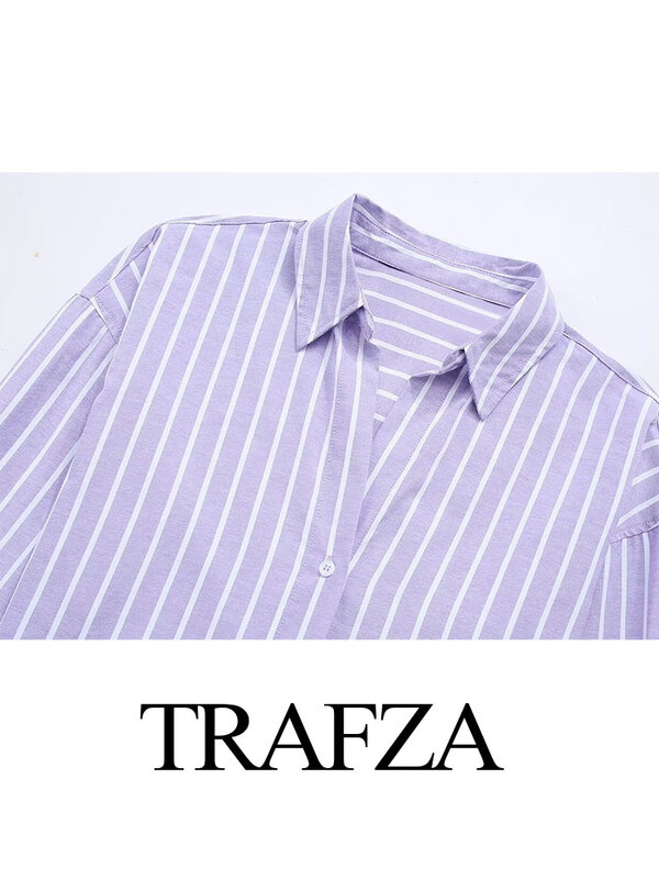 TRAFZA-camisa elegante a rayas para mujer, blusa versátil de manga larga con cuello vuelto, una hilera de botones, 2 colores, novedad de verano