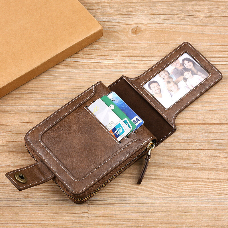 Винтажный компактный мужской кошелек, однотонный бумажник на молнии с защелкой
