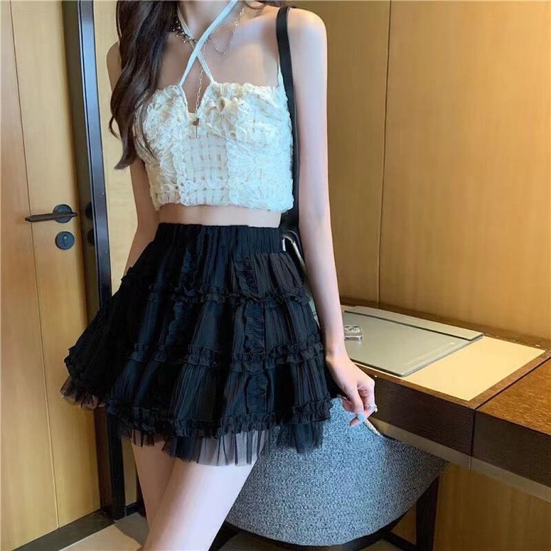 Deeptown Fairycore marszczona Mini spódniczka z falbanką Kawaii Lolita plisowana, krótka spódnica Cutecore jednolita warstwowa koreańska spódnice trapezowe mody