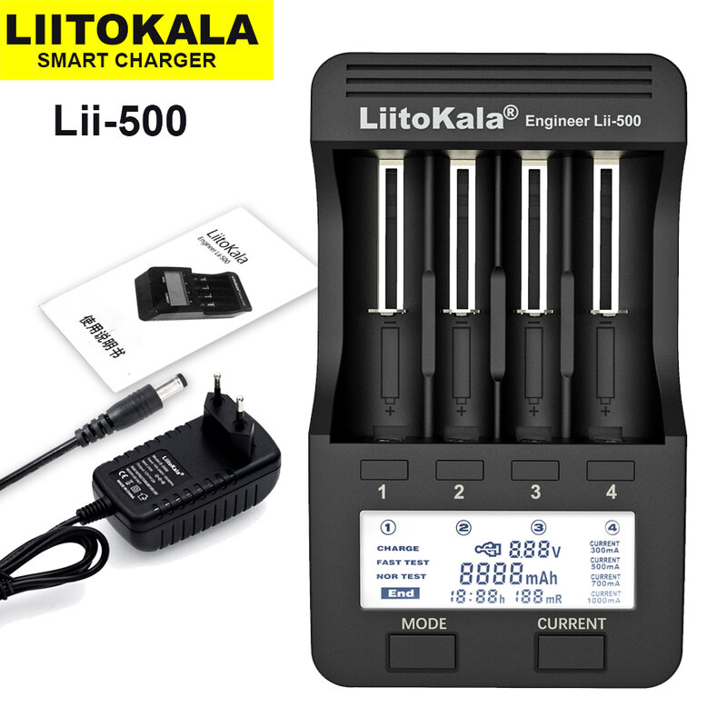 Liitokala-Carregador de Bateria Multifunções, Lii-500, Lii-402, Lii-202, Lii-100, 3.7V, 1.2V, 18650, 26650, 21700, 17355, 18350, 14500, AA, AAA