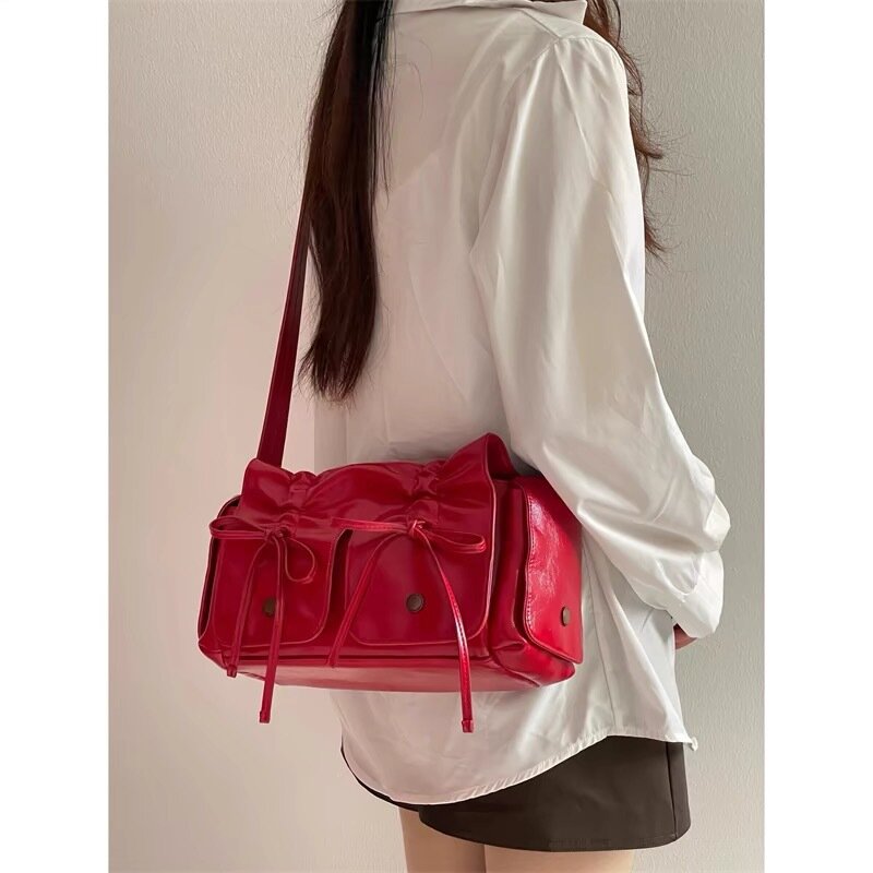 Fashion Ruched Drawstring Bow Women Handbags Retro Pu Leather Shoulder Crossbody Bag Y2K Multiple Pockets Motorcycle Bags 2024