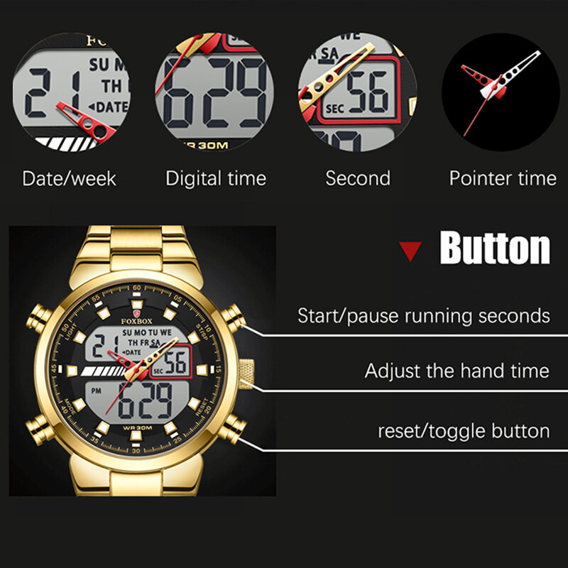 FOXBOX-Relógio de quartzo luminoso de luxo masculino, aço inoxidável, relógio cronógrafo esportivo, marca Top