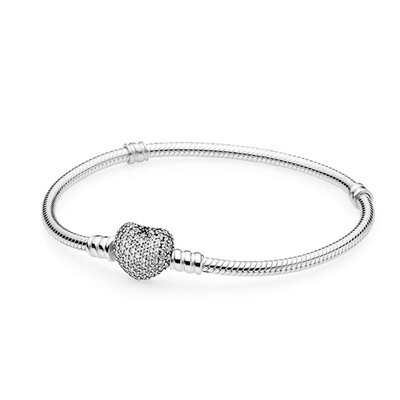 Rose Gold & Silver Moments Pave Heart Clasp Snake Chain 925 Sterling Silver Bracelet Bangle Fit Fashion Bead Charm DIY Jewelry