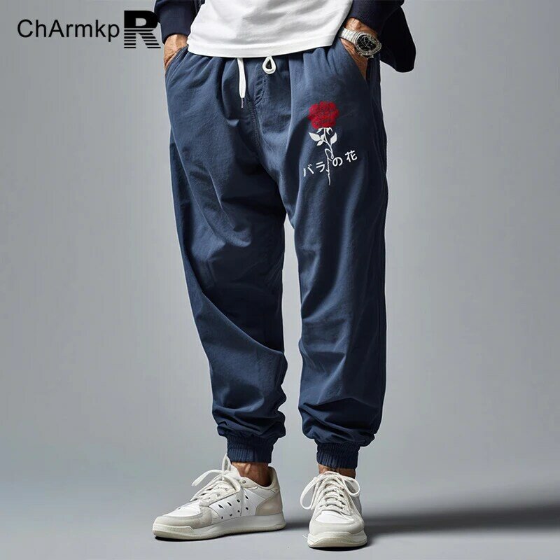 Fashion 2024 Men Clothing Floral Embroidered Loose Drawstring Waist Pants Casual Long Trousers Oversized Sweatpant Streetwear