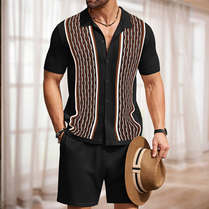 2024 Summer Casual Knitted Mens outfit Vintage Crochet Knit abiti a due pezzi uomo Daily Leisure camicia e pantaloncini traspiranti set