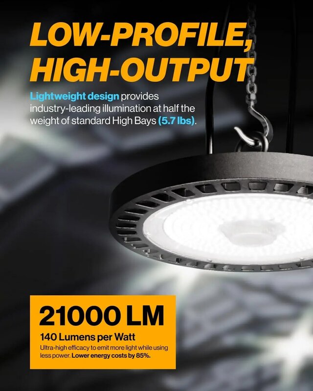 Iluminação Sunco-UFO LED High Bay Light, luz do dia para armazém, regulável, UFO, 5000K, 150W, 21000 LM, 100-277V, 1-10V, IP65