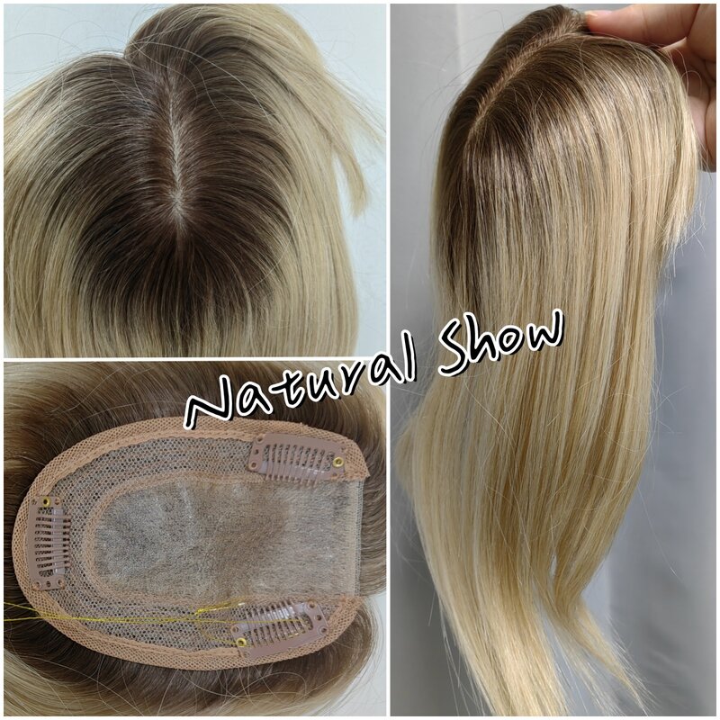10/12/14 inches Hair Toppers for Women Brown Blonde Ombre Human Hair Toppers Silk Base Clips in Hair Extension Topper With Bangs