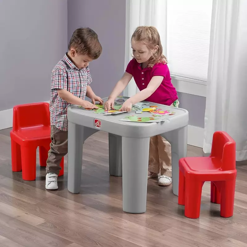 Conjunto de mesa e cadeira infantil, mobiliário para brinquedoteca, mesa para crianças, cinza e vermelha, tamanho