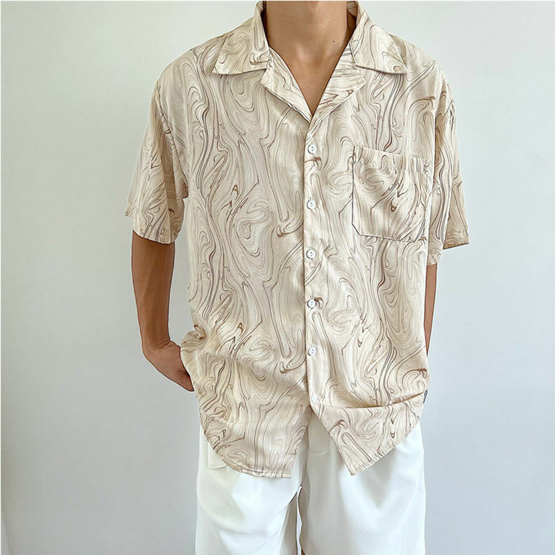 Camisa retrô com padrão de onda fina masculina, camisa casual solta masculina, manga curta, verão