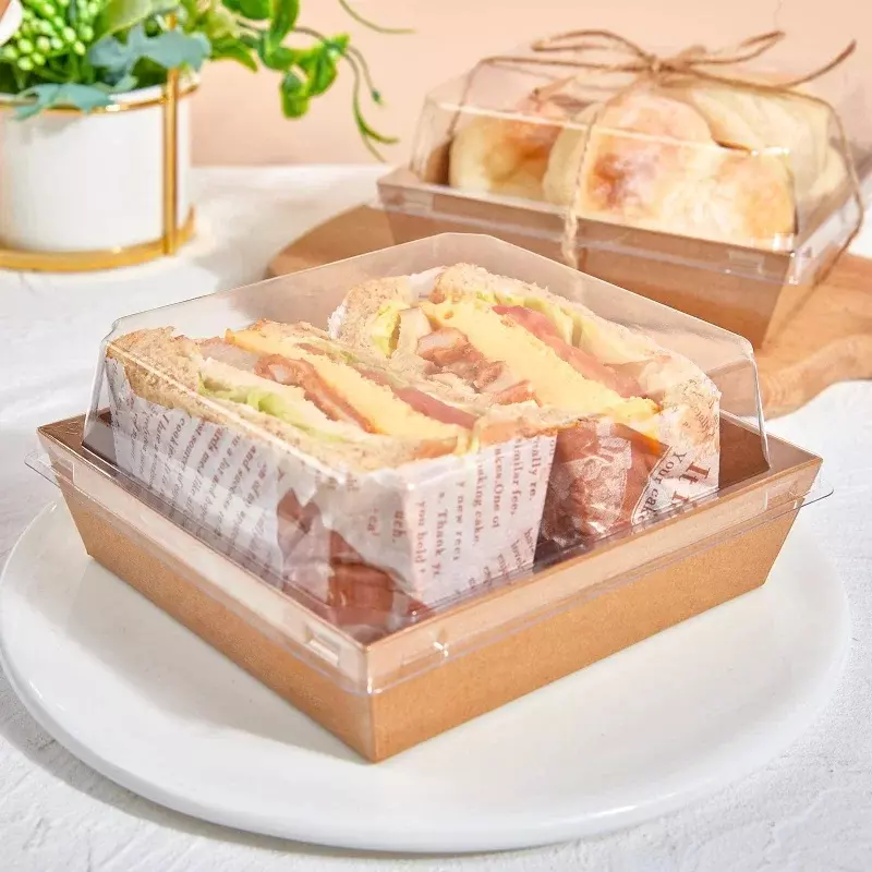 Kunden spezifische Produkte Einweg 5 Zoll quadratische Lebensmittel Kuchen Scheibe Behälter rosa Bäckerei Sandwich Boxen Papier Wurst boxen mit