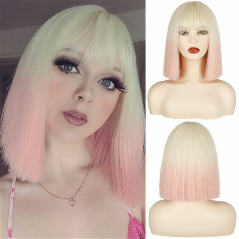 Blonde Bob Wig with Bangs Short Straight Blonde Wigs for Women 12 Inch Synthetic Straight Hair Wig for Girl Cosplay Party Wear