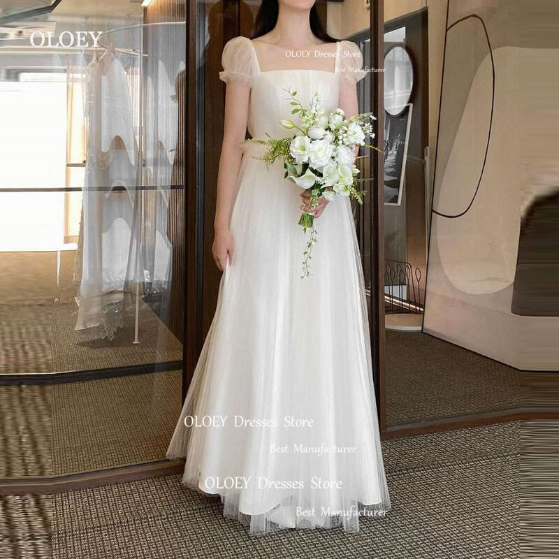 OLOEY Simple A Line Tulle Wedding Dresses Korea Photoshoot Short Sleeves Floor Length Bridal Gowns Corset Back Mariage 2024