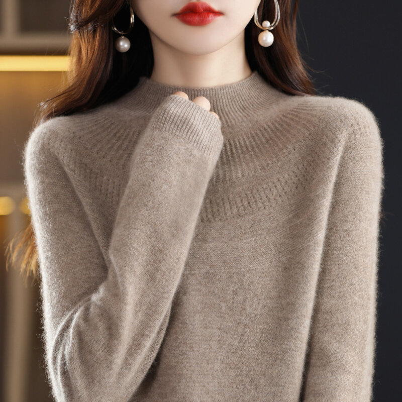 Suéter de cachemira para mujer, Jersey de punto de lana pura, Cuello medio alto, conexión sin costuras, Top suelto hueco, otoño e invierno, 23