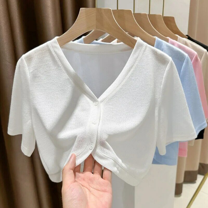Camisa elegante de una sola botonadura para mujer, ropa de manga corta a prueba de sol, informal, fina, estilo coreano, combina con todo, acogedora