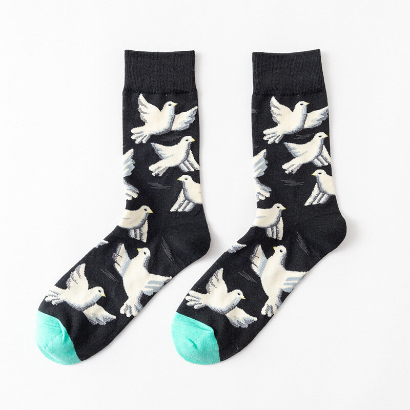 6 Pairs/Pack Fashion Art Men Socks Women Cotton Pigeon Tulip Bird Green Plants Korean Harajuku Kawaii Crew Colorful Socks