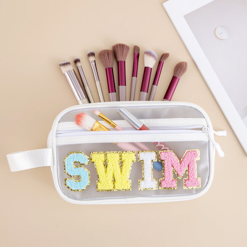 Women Chenille Letter Patch Clear PVC MEDS  Bag SWIM Makeup Bag with Strap Handle Cosmetic Zipper Pouch Beach Travel Organizer