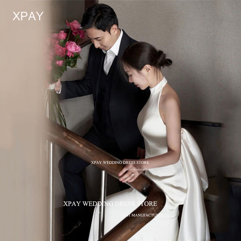XPAY свадебное платье с лямкой на шее и круглым вырезом, корейский стиль, для фотосессии, с открытой спиной, с бантом, свадебные платья, корсет, длина до пола, под заказ, платье невесты