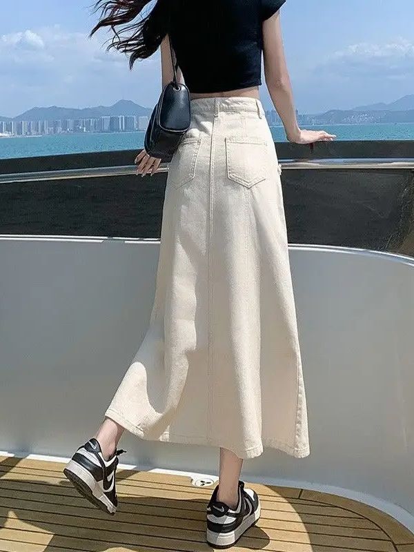 Юбка-годе женская джинсовая средней длины с высокой талией и карманами
