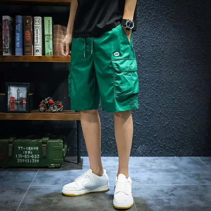 Calção masculino com corda de desenho, calça curta masculina de bermuda larga, shorts largos, monocromático, Y2K largo, moda Harajuku de luxo, verde, 2024