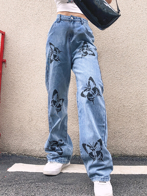 Европейские и американские женские джинсы с абстрактной вышивкой лица бабочкой/принтом глаз персонализированные повседневные джинсовые брюки с высокой талией