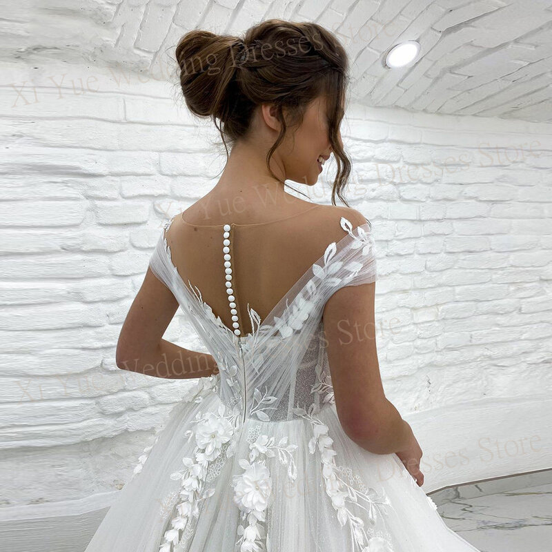 Boho charmante Prinzessin eine Linie Brautkleider sexy von der Schulter Spitze Applikationen Brautkleider Knopf zurück Illusion nach Maß