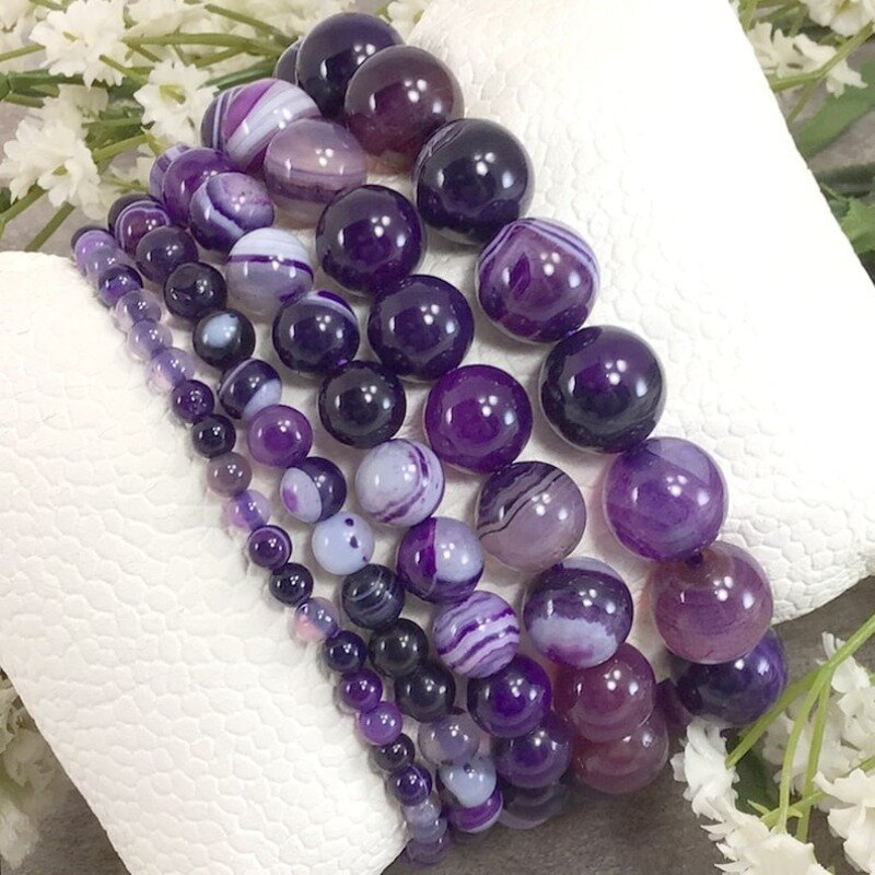 Purple Agate Beaded Bracelet Handmade Healing Balancing Stretchy Gem Bracelet Holiday Gift For Women Men 4mm 6mm 8mm 10mm 12mm