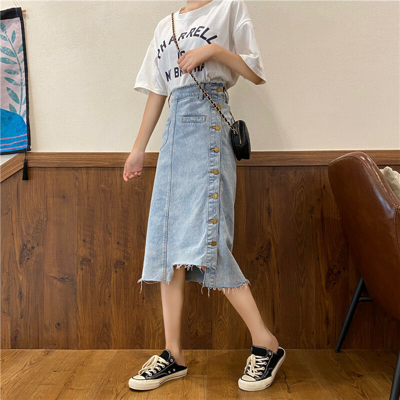 Spódnica w stylu Vintage z wysokim stanem w kształcie linii a dla kobiet średniej długości jeansowa spódniczka modna jednorzędowa nieregularna jeansowa spódniczka