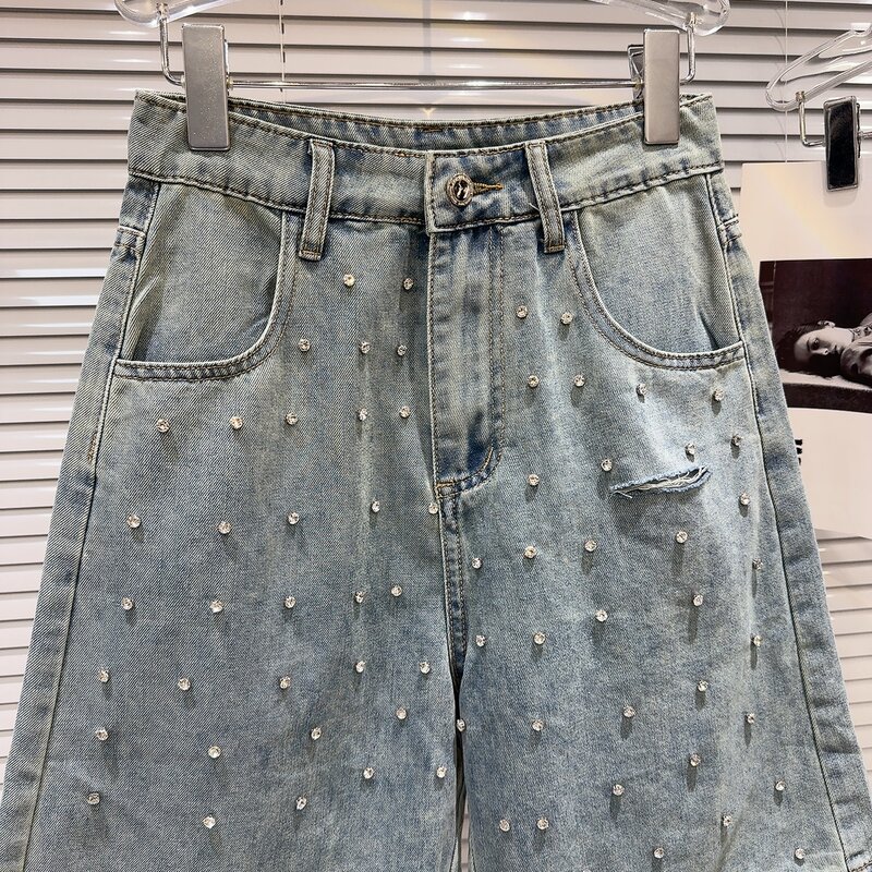 Moda 2024 donna estate calda ragazza strass tasche con perline pantaloncini di jeans femminile bel colore solido allentato Comfort pantaloncini di jeans