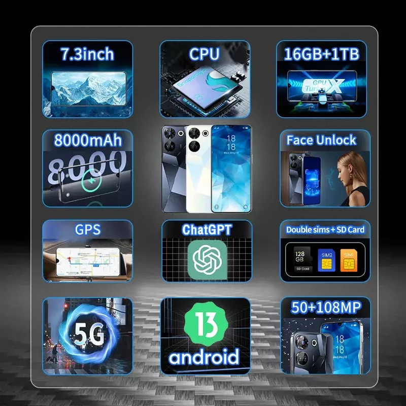 글로벌 C20 프로 7.3HD 스크린, 16GB + 1TB 8000Mah 50MP + 108MP 셀룰러 듀얼 심 페이스 언락 5G 정품 휴대폰 태블릿