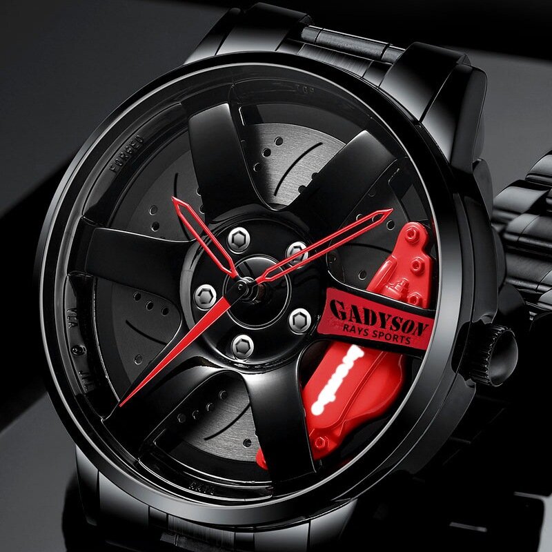 2024 New Fashion Trend Wheel orologio da uomo cinturino in acciaio nero orologio al quarzo da uomo stile ruota impermeabile