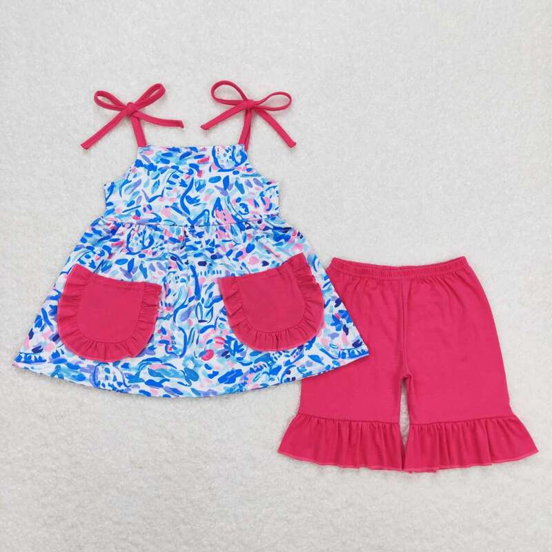 Wholesale Children Summer Strawberry Floral Tunic Tops Toddler Kids Plaid Ruffle Shorts Baby Girl Flower Infant Outfit Set