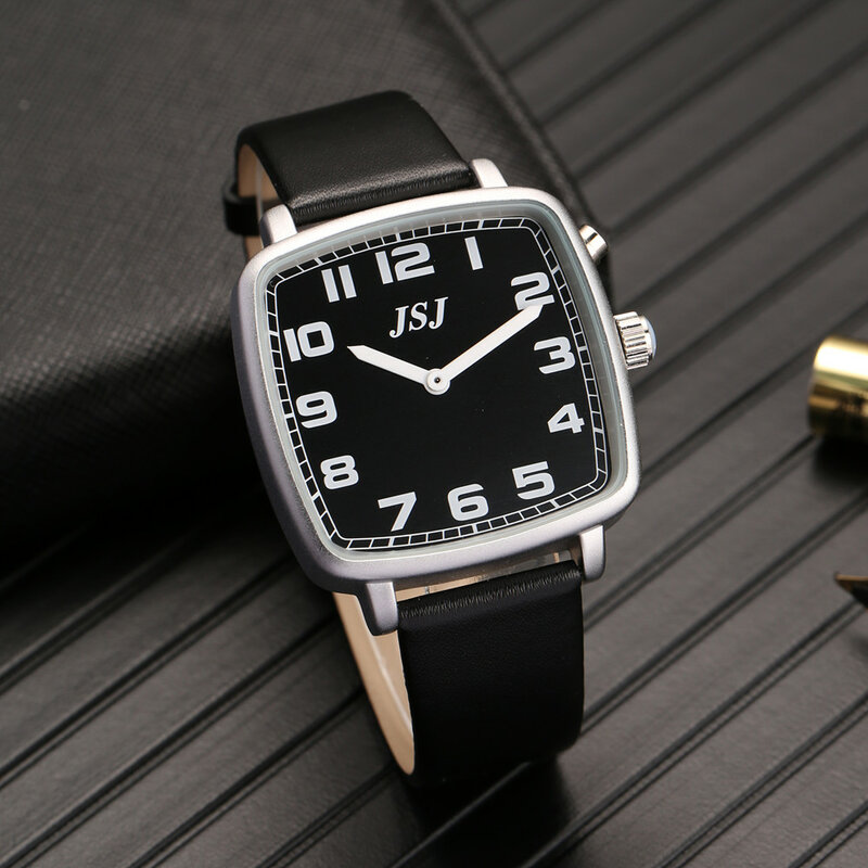 Quadrado inglês falando relógio com alarme, falando data e hora, mostrador preto, pulseira de couro marrom TESW-1714